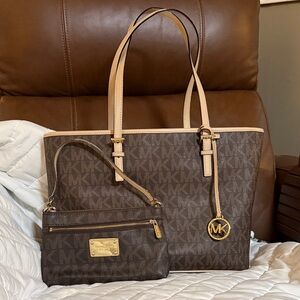 Michael Kors Dark Brown and Tan Tote with Wristlet